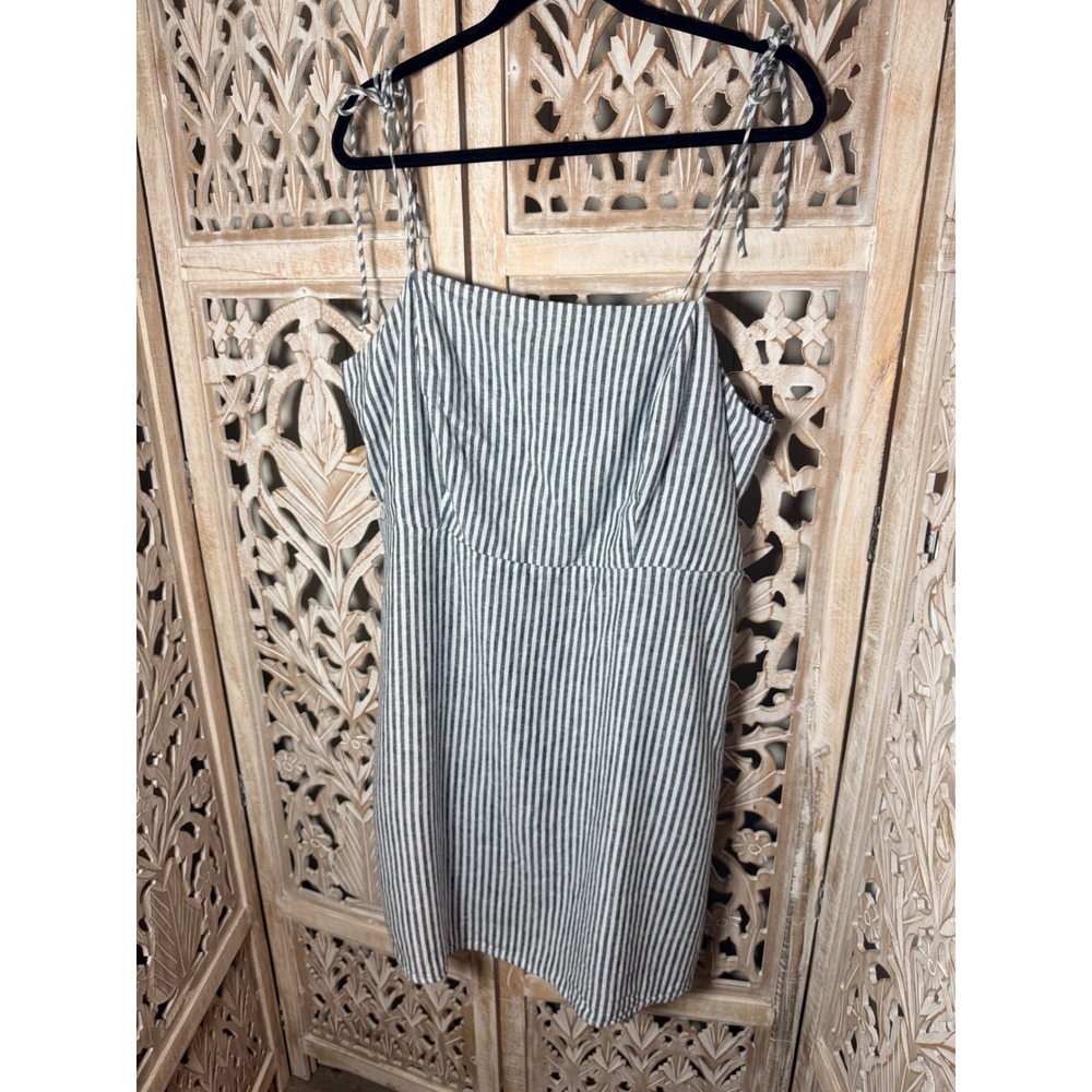 Old Navy Linen Blend Striped Mini Dress 2X Blue White Smocked Back Tie Strap NWT